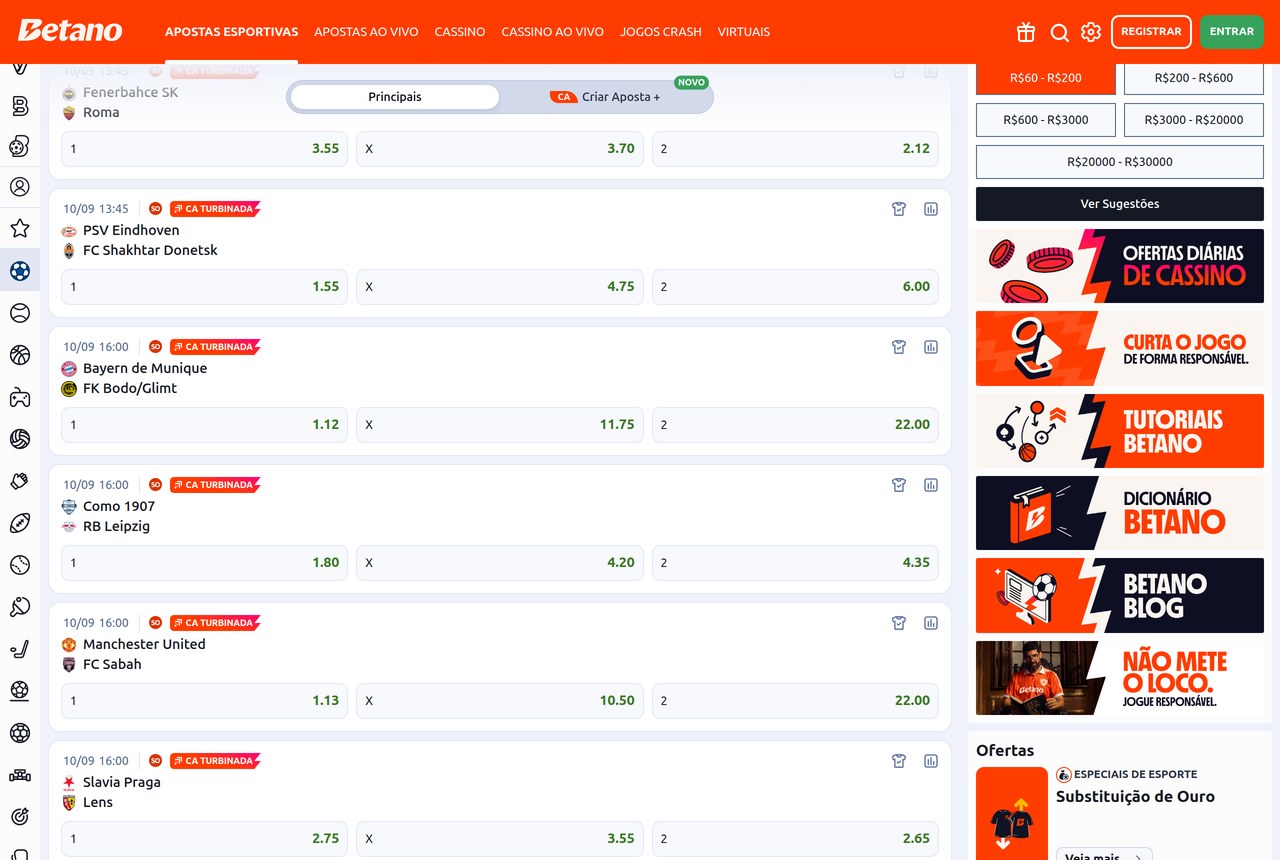 Lista de jogos de futebol na Betano com odds 1X2 e o recurso Criar Aposta, no domínio betano.bet.br
