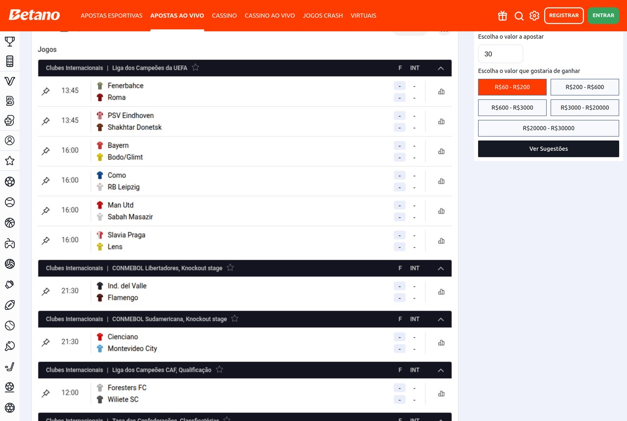Placar ao vivo da Betano com jogos da Liga dos Campeões, Libertadores e Sul-Americana