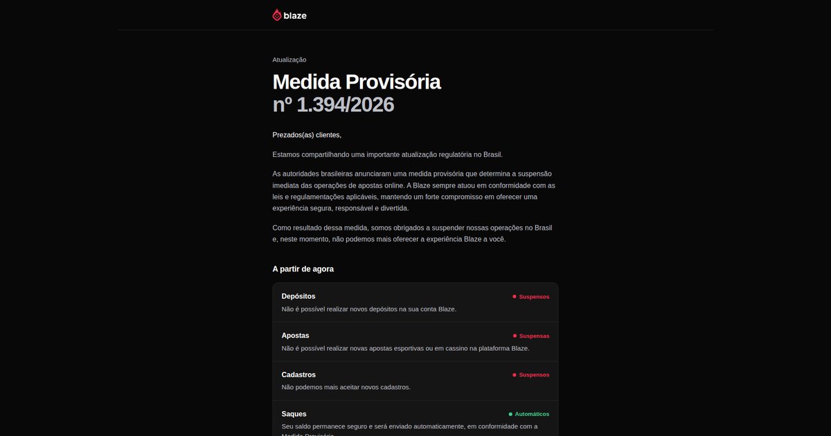 Comunicado da Blaze sobre a suspensão das operações e o envio automático dos saques