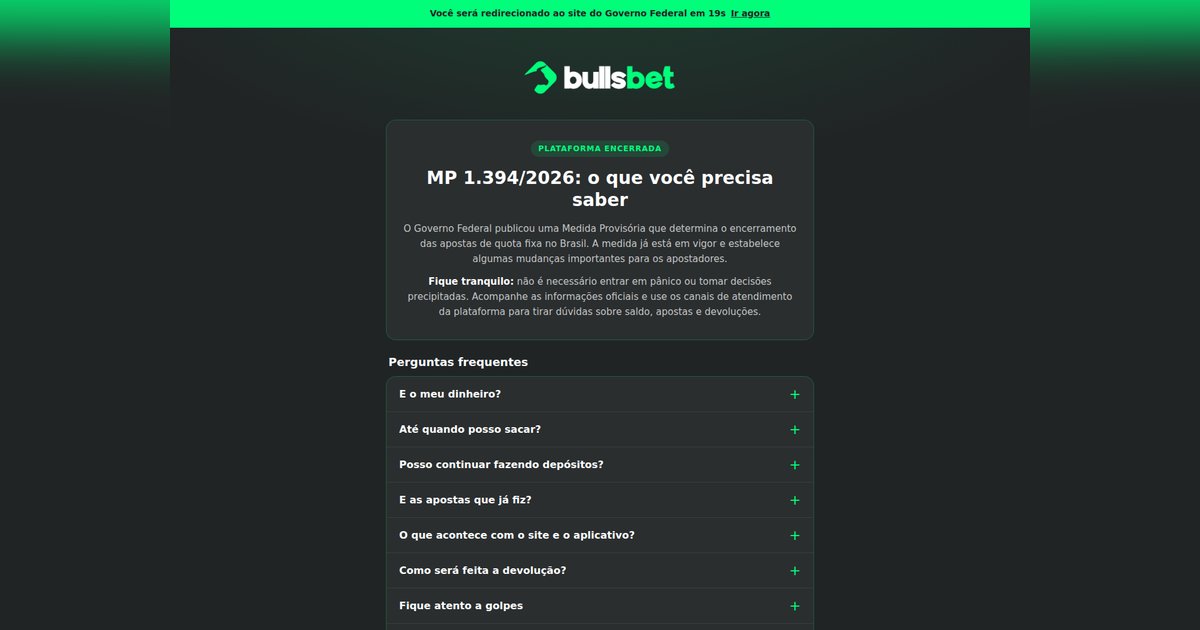 Página de aviso da Bullsbet num subdomínio criado para o efeito