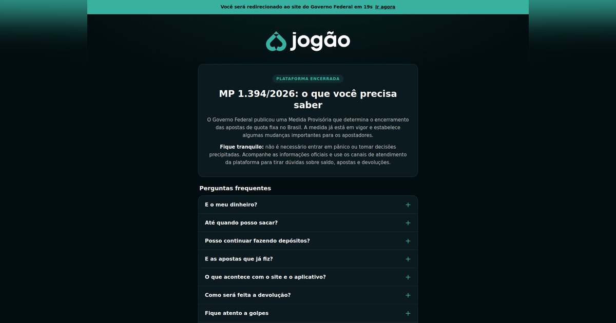 Página de aviso da Jogão num subdomínio dedicado