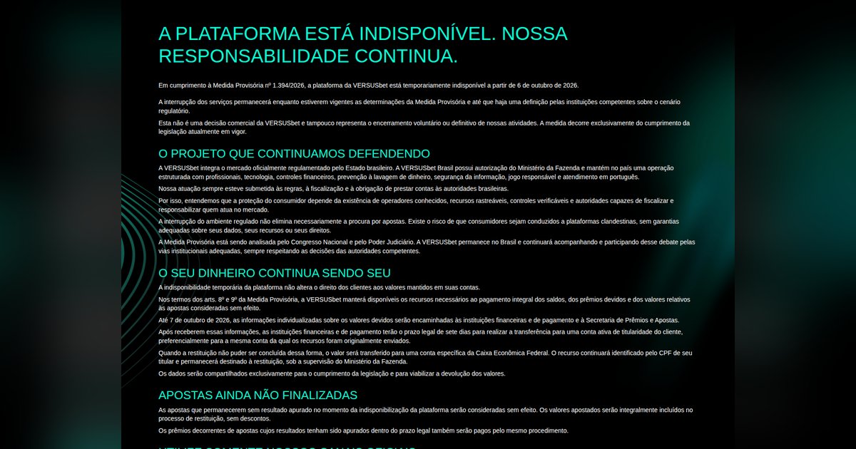 Aviso da Versus publicado no próprio domínio .bet.br