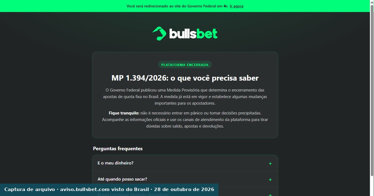 Aviso da Bullsbet com contagem decrescente para o site do Governo Federal