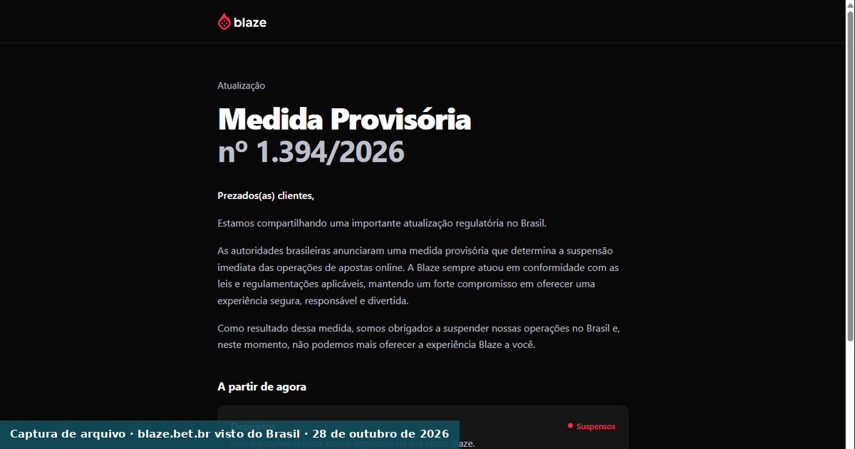 Comunicado da Blaze sobre a Medida Provisória 1.394/2026