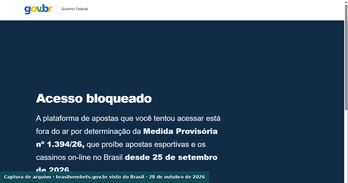 Página oficial brasilsembets.gov.br com a informação sobre a proibição
