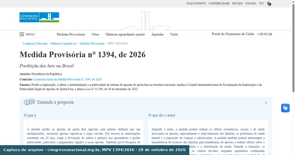 Página da MPV 1394/2026 no site do Congresso Nacional