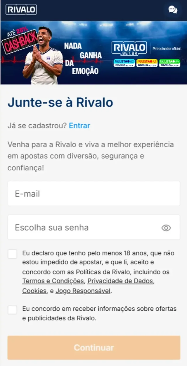 Formulário de cadastro da Rivalo em rivalo.bet.br