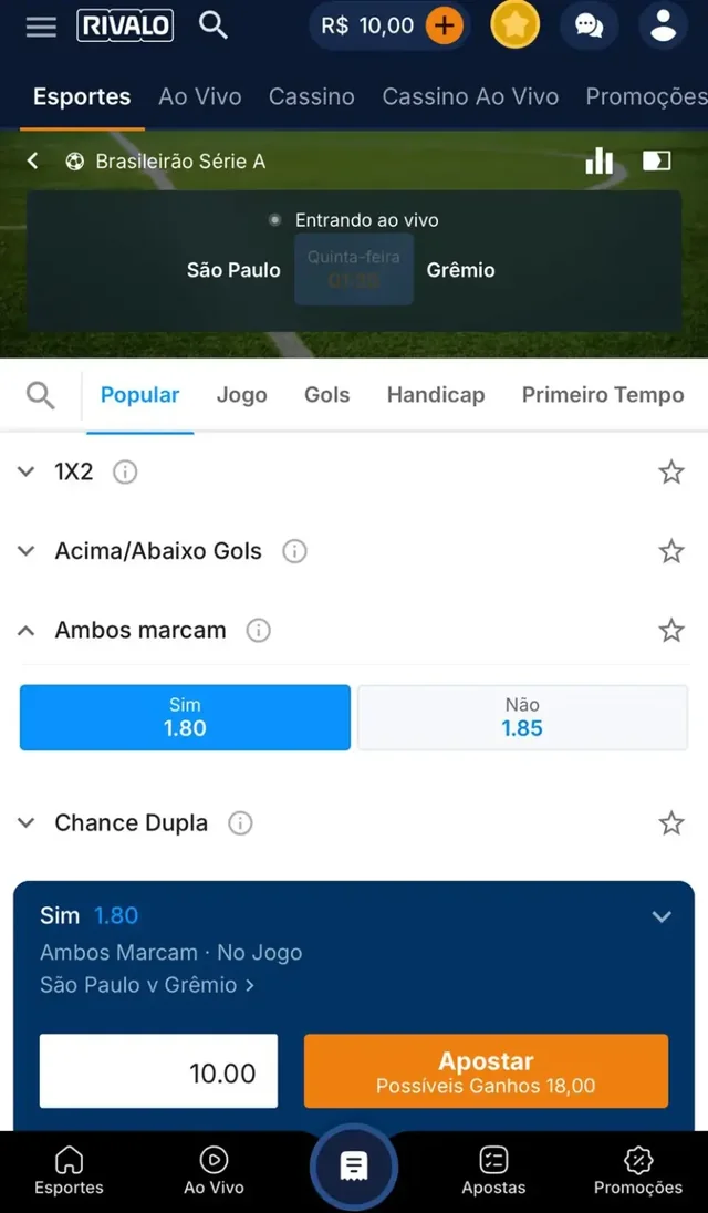 Mercados e odds de um jogo na Rivalo: São Paulo x Grêmio
